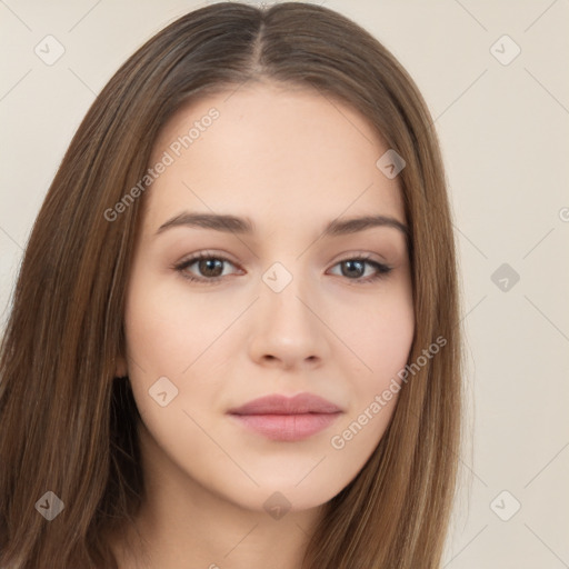 Neutral white young-adult female with long  brown hair and brown eyes