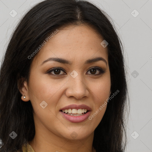 Joyful white young-adult female with long  brown hair and brown eyes