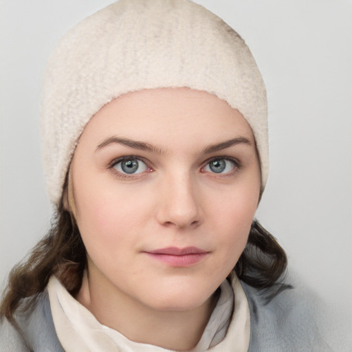 Neutral white young-adult female with medium  brown hair and blue eyes