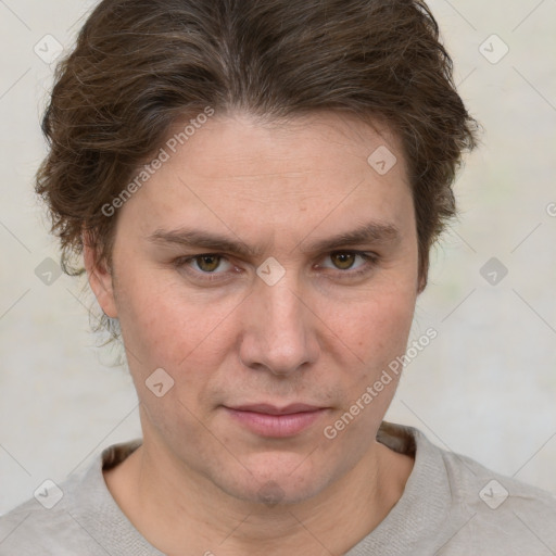 Neutral white adult female with short  brown hair and brown eyes