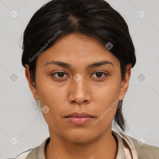 Neutral asian young-adult female with medium  brown hair and brown eyes