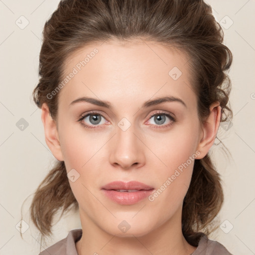 Neutral white young-adult female with medium  brown hair and grey eyes