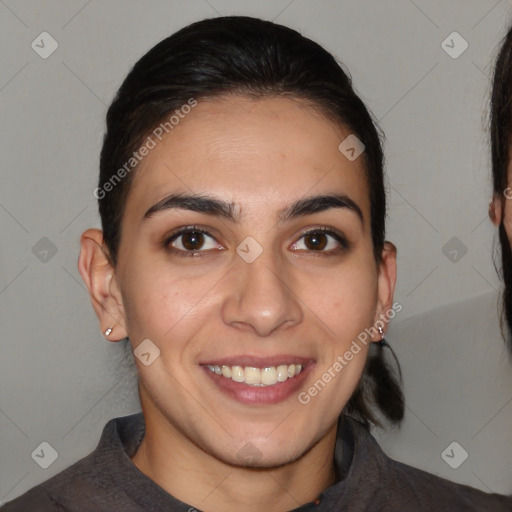 Joyful white young-adult female with medium  brown hair and brown eyes