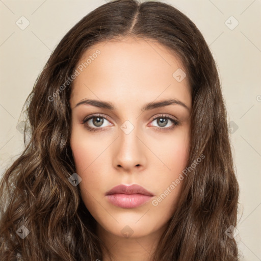 Neutral white young-adult female with long  brown hair and brown eyes