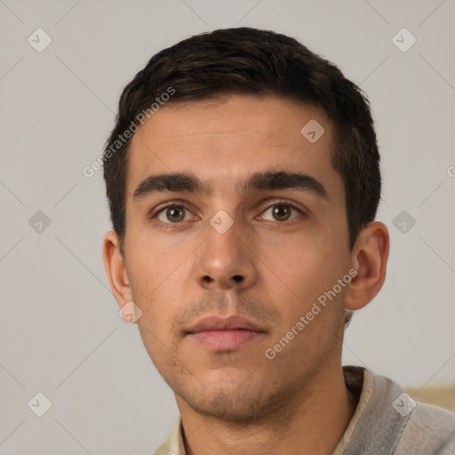 Neutral white young-adult male with short  brown hair and brown eyes