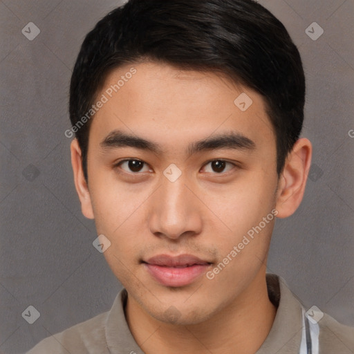 Neutral asian young-adult male with short  brown hair and brown eyes