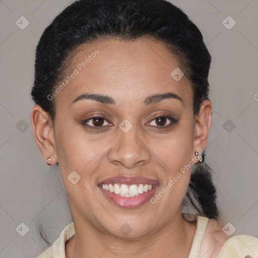 Joyful latino young-adult female with short  brown hair and brown eyes