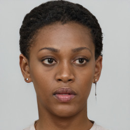 Neutral black young-adult female with short  brown hair and brown eyes