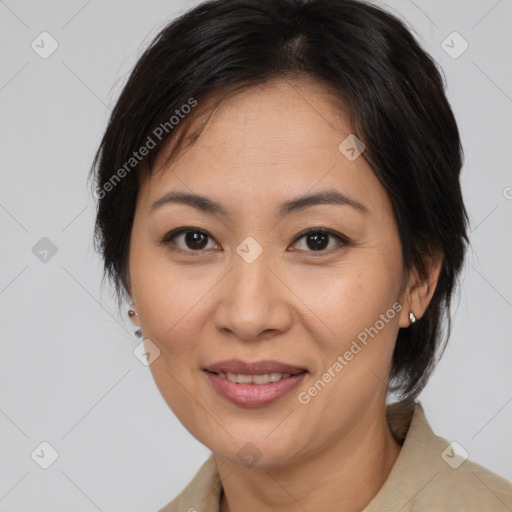 Joyful white adult female with medium  brown hair and brown eyes