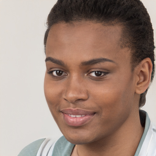 Joyful black young-adult female with short  brown hair and brown eyes