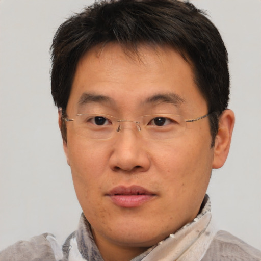 Joyful asian adult male with short  brown hair and brown eyes