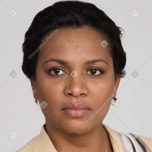 Neutral black young-adult female with short  black hair and brown eyes