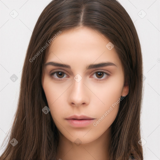 Neutral white young-adult female with long  brown hair and brown eyes