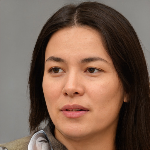 Neutral white young-adult female with medium  brown hair and brown eyes