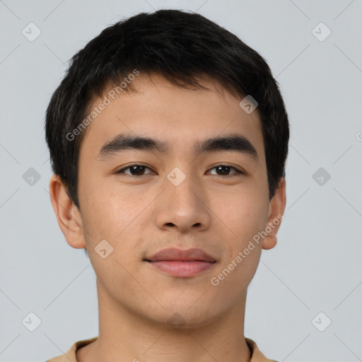 Neutral asian young-adult male with short  brown hair and brown eyes