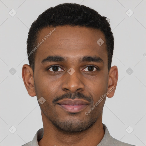 Neutral latino young-adult male with short  black hair and brown eyes