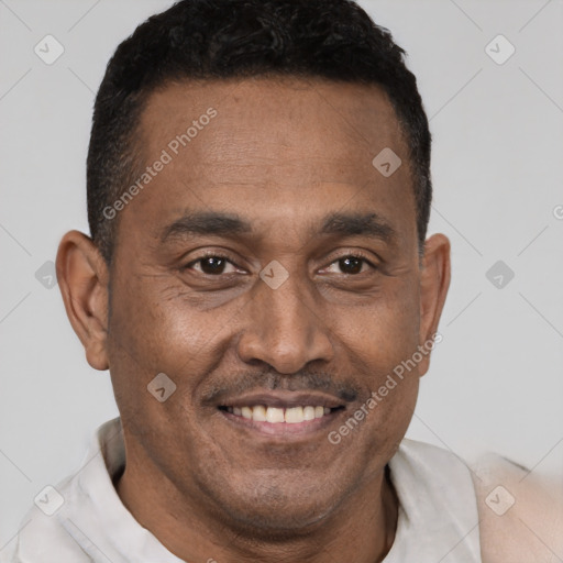 Joyful black adult male with short  black hair and brown eyes