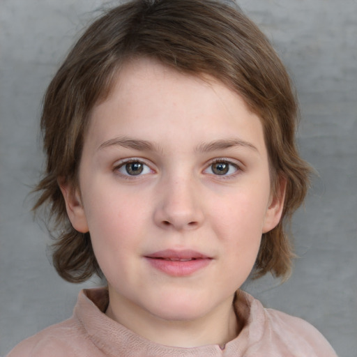 Neutral white child female with medium  brown hair and grey eyes