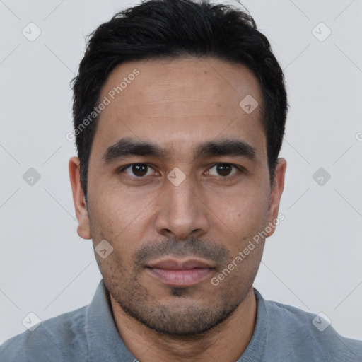 Neutral asian young-adult male with short  black hair and brown eyes