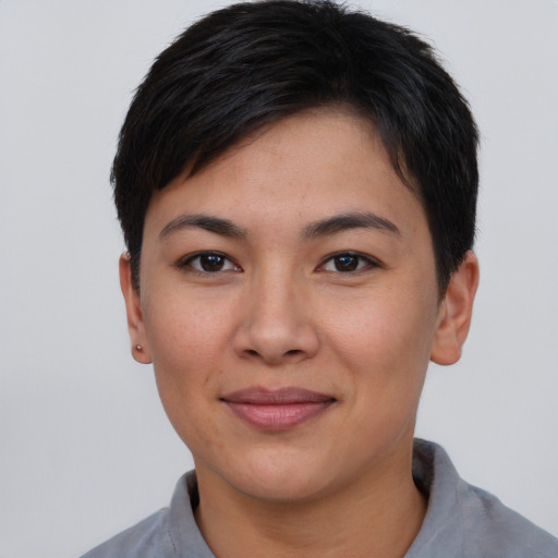 Joyful asian young-adult female with short  brown hair and brown eyes