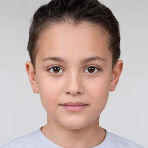 Joyful white child female with short  brown hair and brown eyes