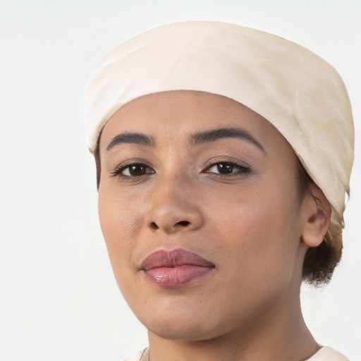 Joyful white young-adult female with short  black hair and brown eyes