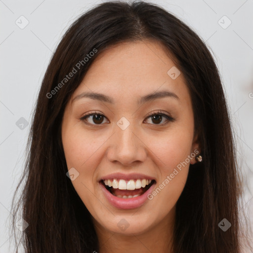 Joyful white young-adult female with long  brown hair and brown eyes