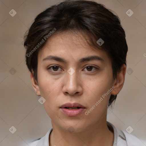 Neutral white young-adult female with short  brown hair and brown eyes