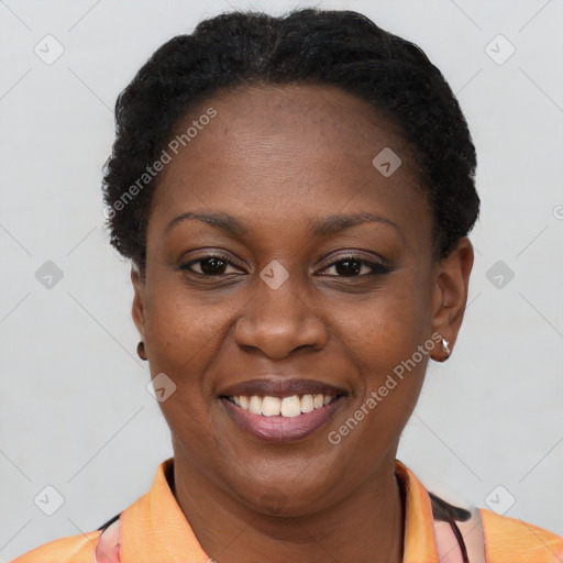 Joyful black adult female with short  brown hair and brown eyes