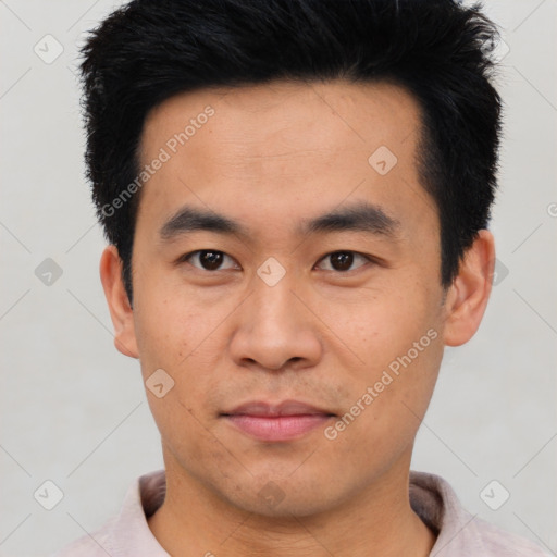 Neutral asian young-adult male with short  black hair and brown eyes