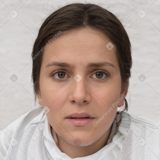 Neutral white young-adult female with short  brown hair and brown eyes