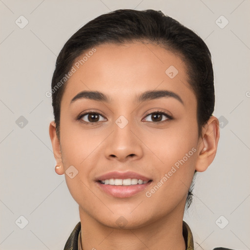 Joyful white young-adult female with short  brown hair and brown eyes