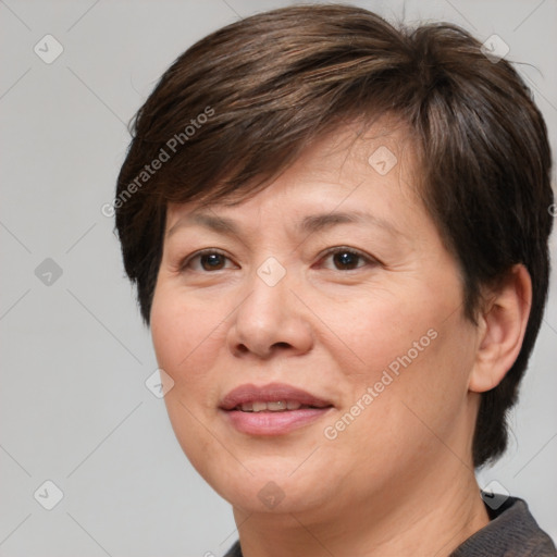 Joyful white adult female with medium  brown hair and brown eyes