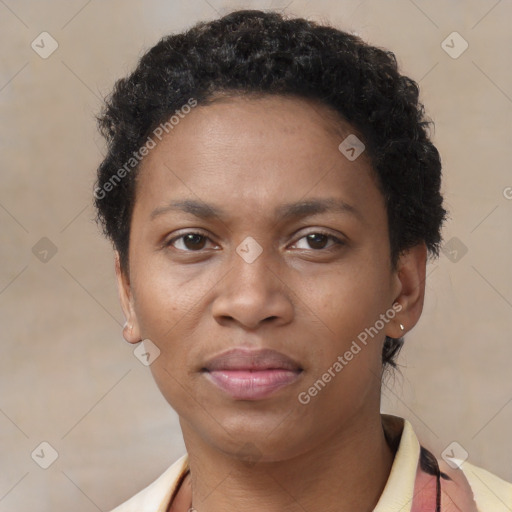 Neutral black young-adult female with short  brown hair and brown eyes