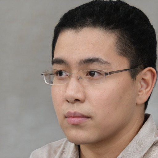 Neutral asian young-adult male with short  brown hair and brown eyes