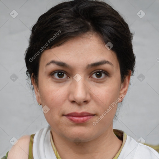 Joyful white young-adult female with medium  brown hair and brown eyes