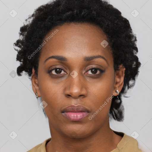 Neutral black young-adult female with short  black hair and brown eyes