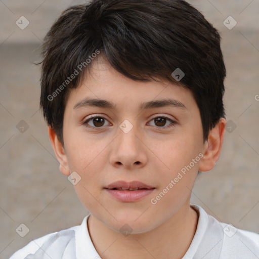 Joyful white child female with short  brown hair and brown eyes