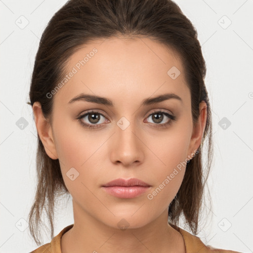 Neutral white young-adult female with long  brown hair and brown eyes