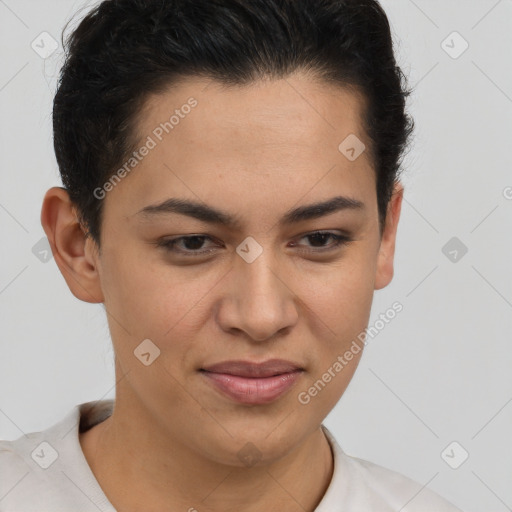 Joyful latino young-adult female with short  brown hair and brown eyes