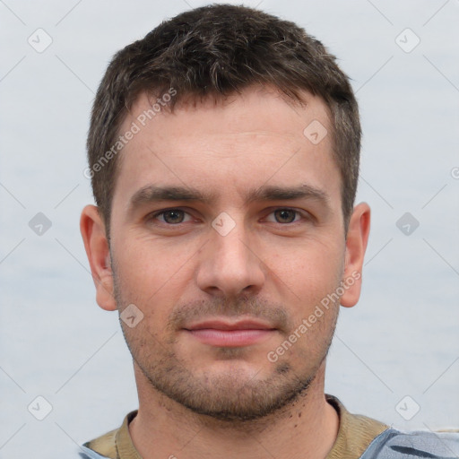 Neutral white young-adult male with short  brown hair and brown eyes