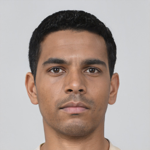 Neutral latino young-adult male with short  black hair and brown eyes