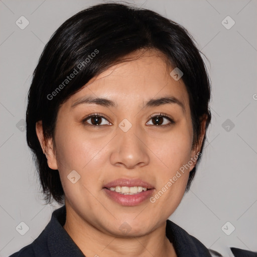 Joyful asian young-adult female with medium  black hair and brown eyes