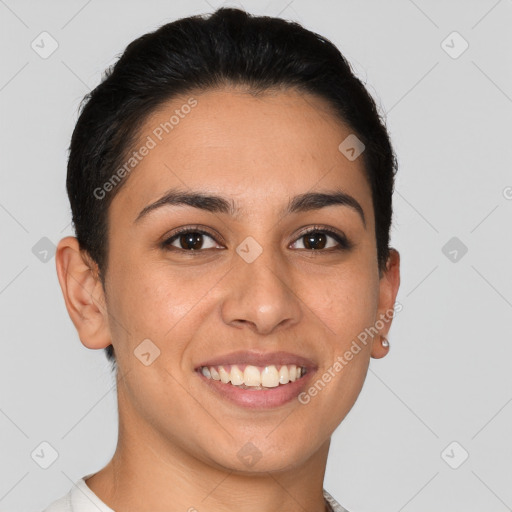 Joyful white young-adult female with short  brown hair and brown eyes