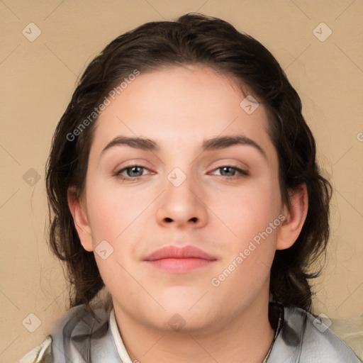 Neutral white young-adult female with medium  brown hair and brown eyes