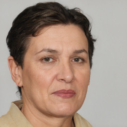 Joyful white adult female with short  brown hair and brown eyes