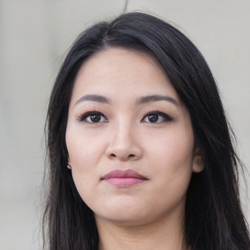 Neutral asian young-adult female with long  black hair and brown eyes