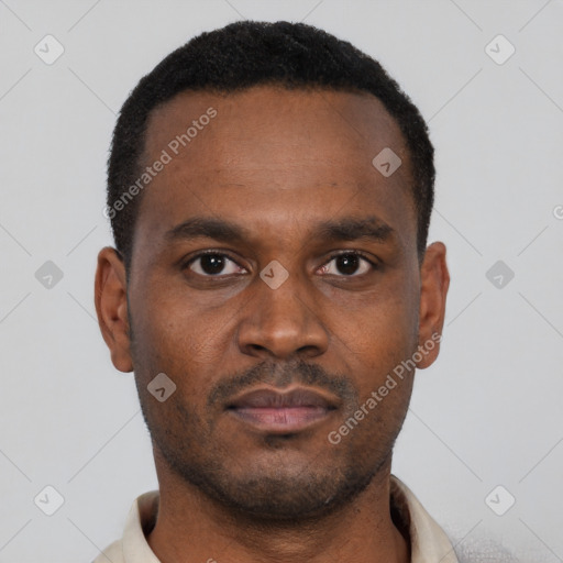 Neutral black young-adult male with short  black hair and brown eyes