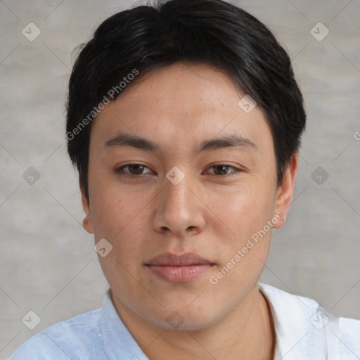 Neutral asian young-adult male with short  black hair and brown eyes