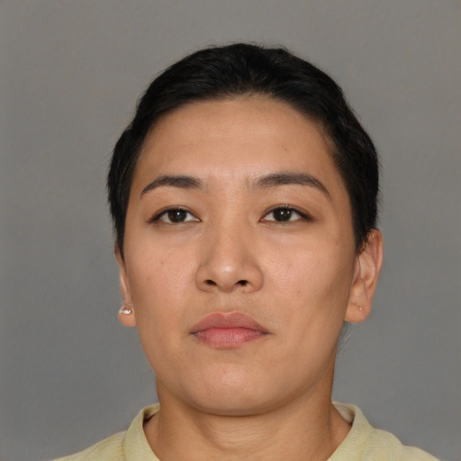Neutral asian young-adult female with short  brown hair and brown eyes